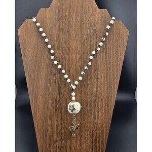 White Beaded Rosary Necklace Large Accent Bead & Gold-Tone Cross
